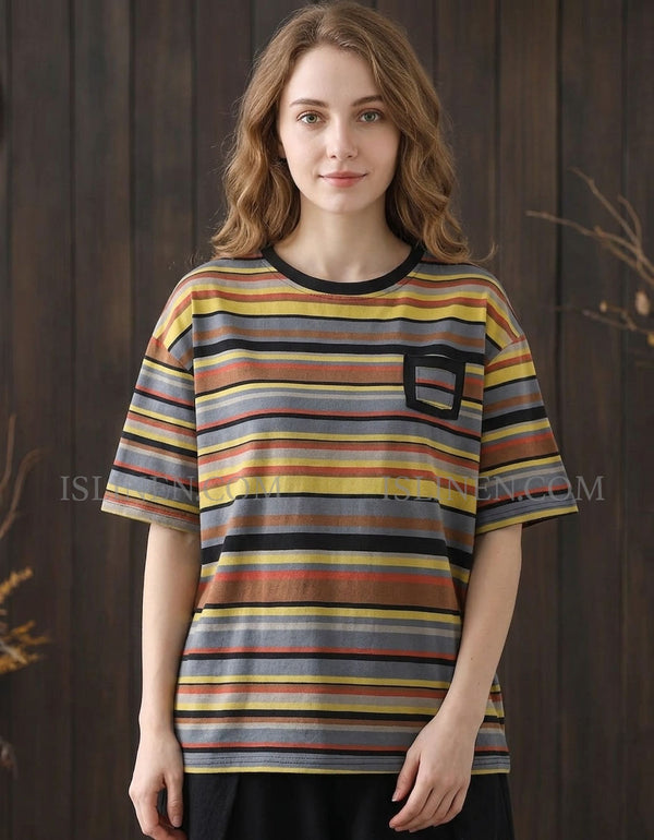 Women’s Striped Loose Cotton T-Shirt with Pocket