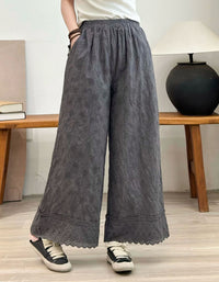 Boho Embroidered Palazzo Pants with Lace Hem Women