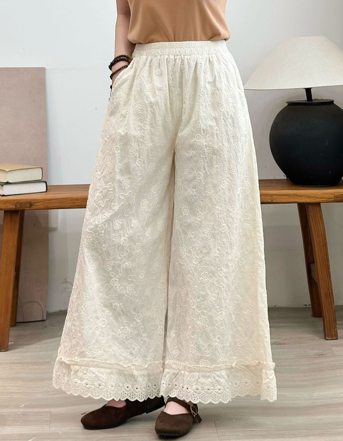 Casual Elastic Waist Embroidered Palazzo Pants Women