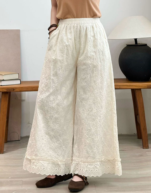 Casual Elastic Waist Embroidered Palazzo Pants Women