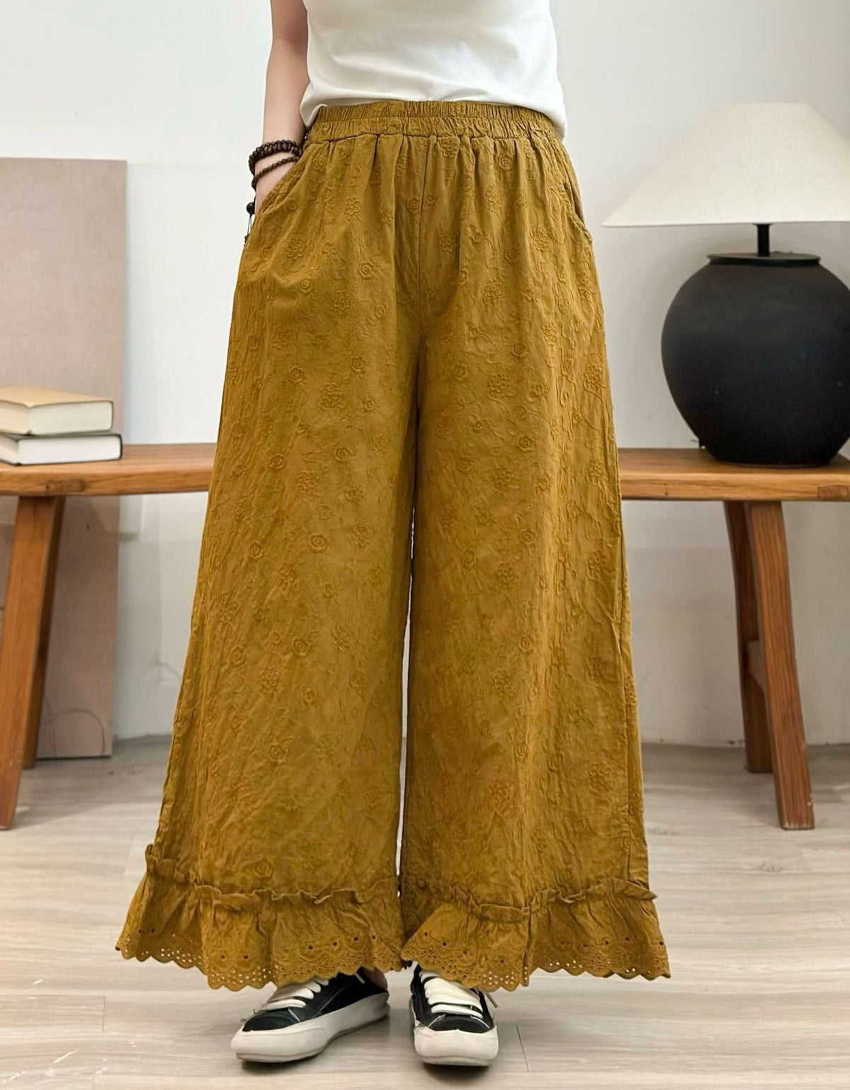 Women's Vintage Embroidered Wide Leg Cotton Pants