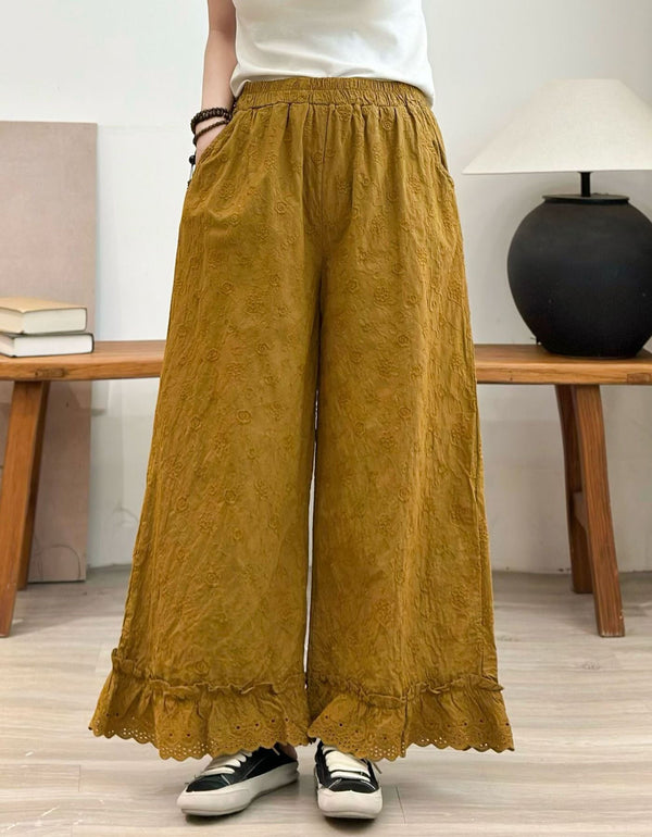 Women's Vintage Embroidered Wide Leg Cotton Pants