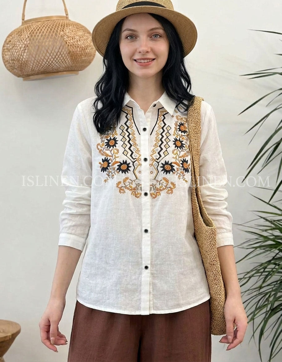 Women's White Embroidered Linen Shirt – Vintage Floral Button Down Cotton Linen Blouse