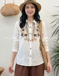 Women's White Embroidered Linen Shirt – Vintage Floral Button Down Cotton Linen Blouse