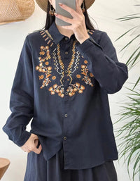 Women's Vintage Boho Embroidered Shirt – White Linen Button Down Casual Blouse