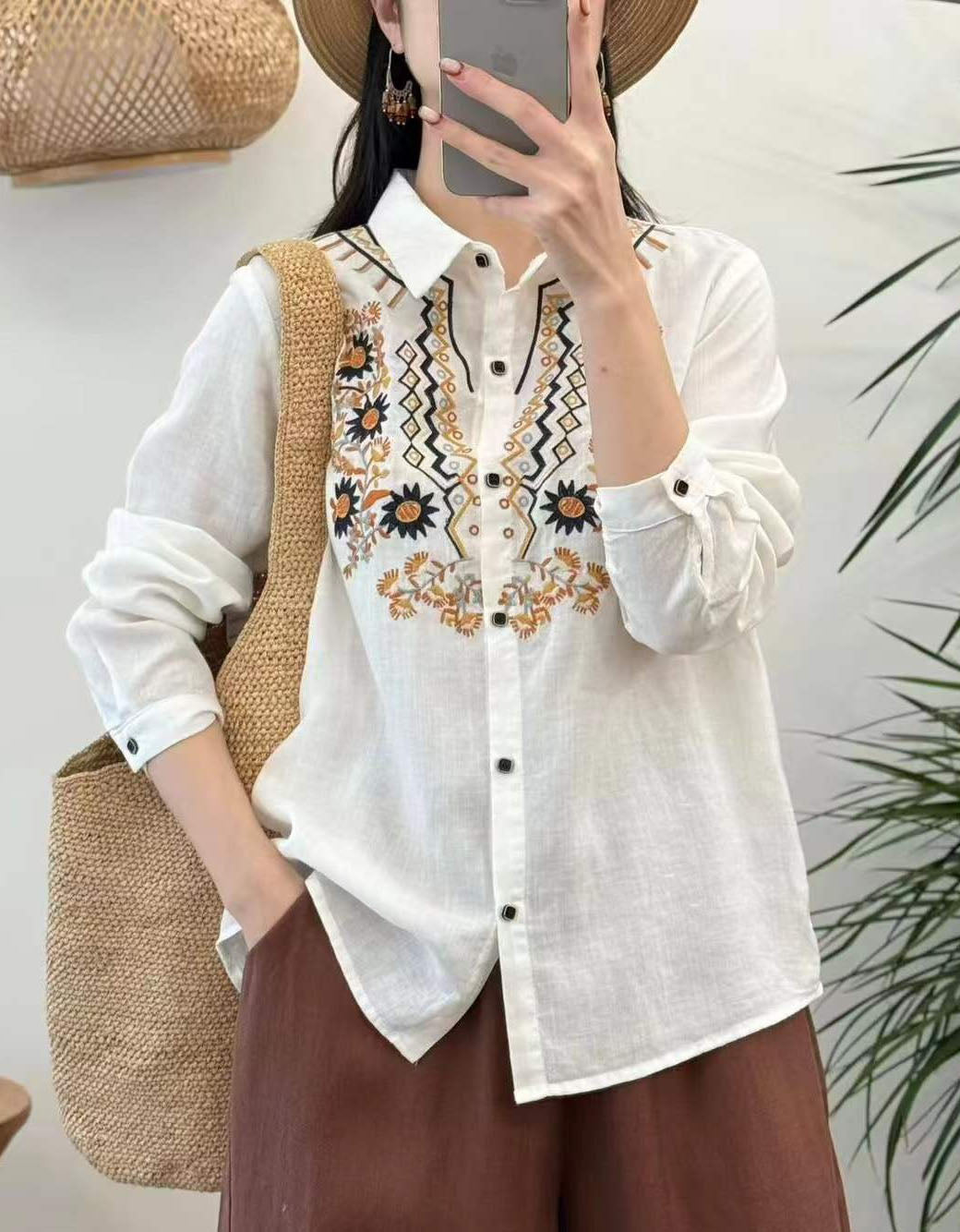 Women's Ethnic Embroidered Linen Blouse – Vintage Floral Button Up Casual Top