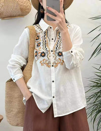 Women's Ethnic Embroidered Linen Blouse – Vintage Floral Button Up Casual Top