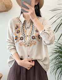 Women's Elegant Embroidered Linen Blouse – White Floral Button Down Boho Shirt