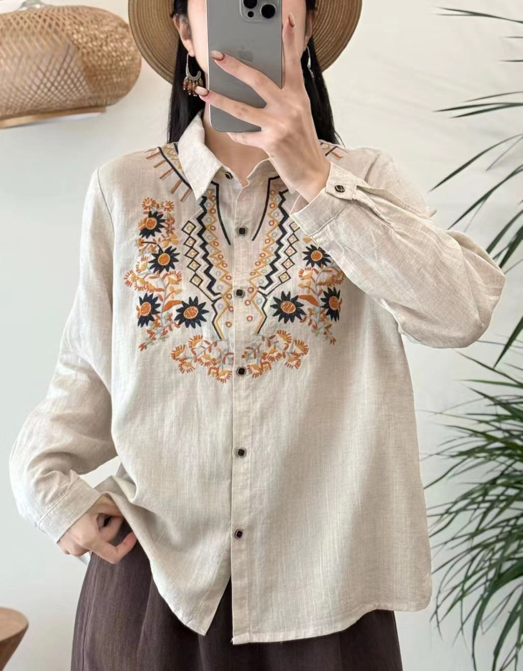 Women's White Linen Embroidery Shirt – Relaxed Fit Floral Button Down Blouse