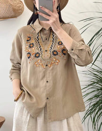 Women's Floral Embroidered Cotton Linen Blouse – Long Sleeve Button Up Boho Shirt