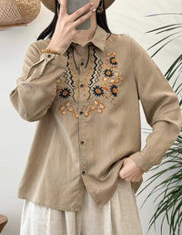 Women's Bohemian Embroidered Button Down Shirt – Vintage Cotton Linen Blouse