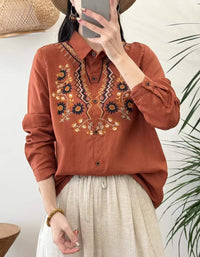 Women's Vintage Cottagecore Embroidered Linen Shirt – Floral Cotton Button Up Blouse