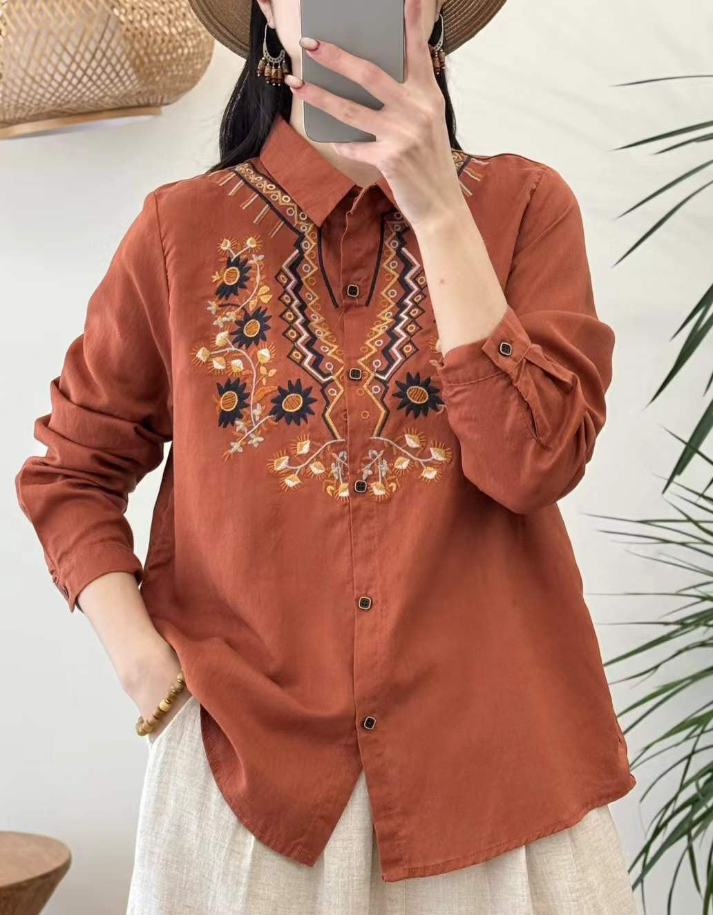 Women's Cotton Linen Embroidered Blouse – Floral Long Sleeve Button Front Shirt