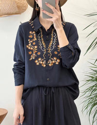 Women's Casual Floral Embroidered Linen Top – Long Sleeve White Button Front Blouse
