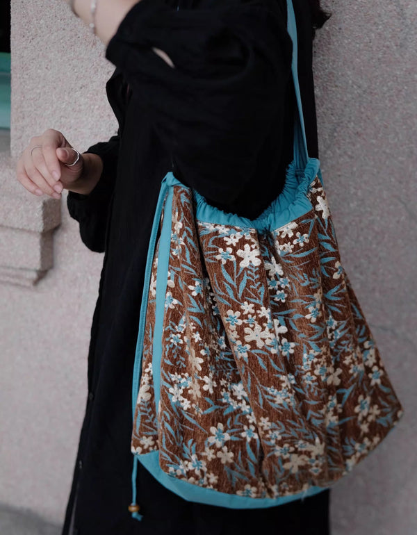 Floral Drawstring Tote Bag with Blue Handles