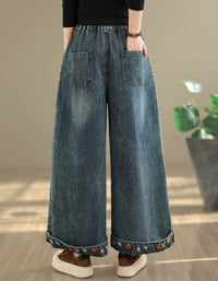 women loose denim pants elastic waist wide leg jeans