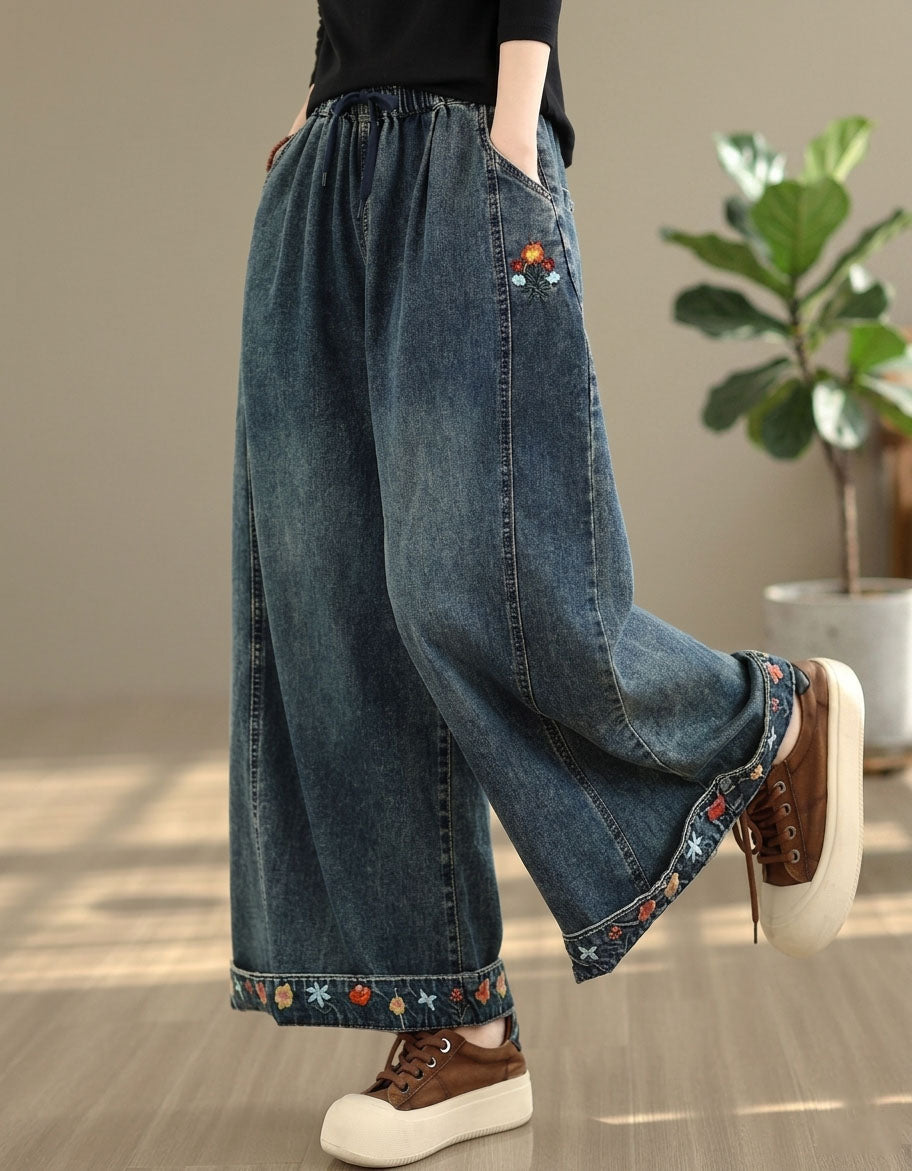 casual wide leg jeans women floral embroidery detail