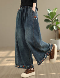 casual wide leg jeans women floral embroidery detail