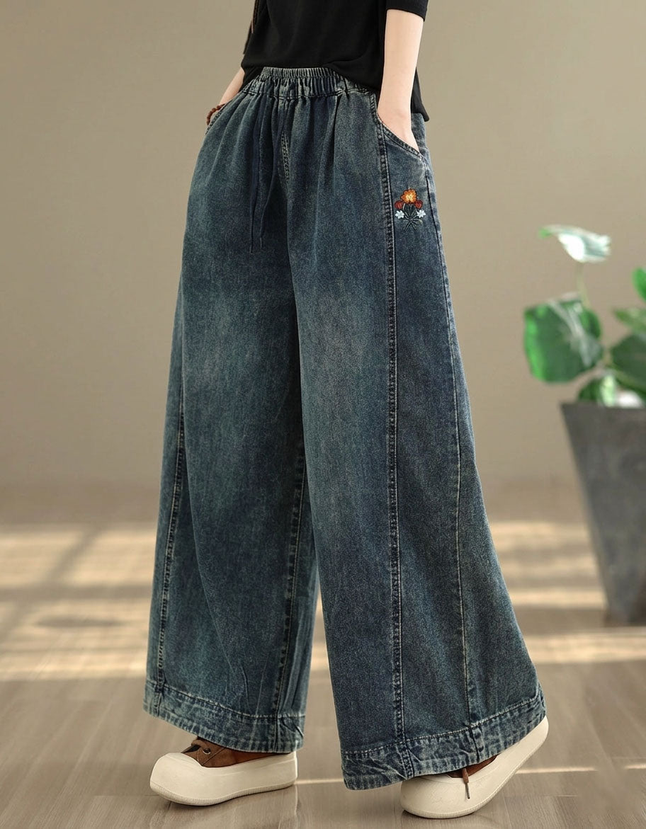 embroidered denim pants women vintage wide leg jeans