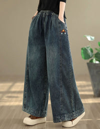 embroidered denim pants women vintage wide leg jeans