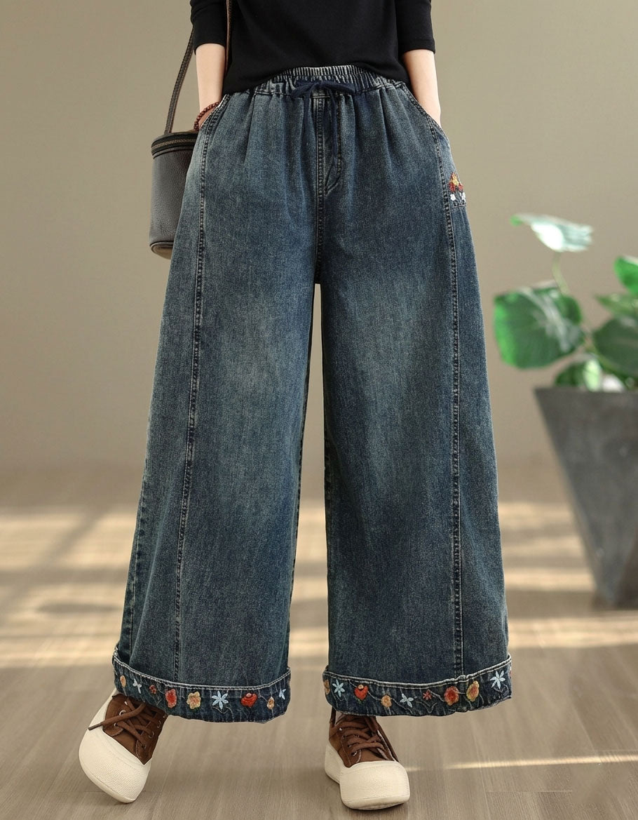 women wide leg denim pants embroidered floral detail