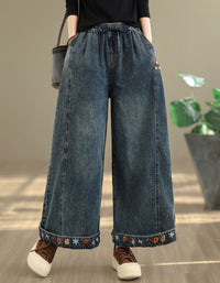 women wide leg denim pants embroidered floral detail