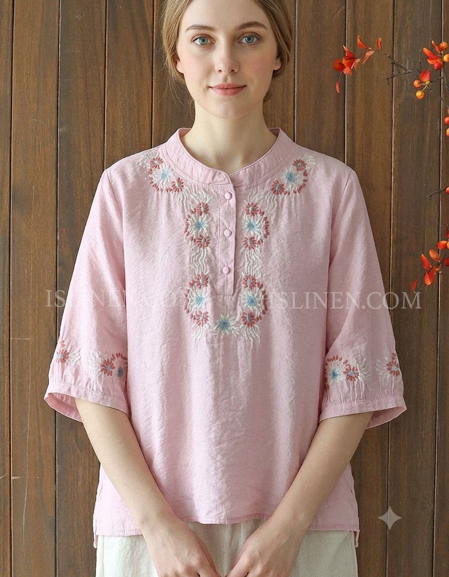 Pink Embroidered Cotton Linen Blouse for Women