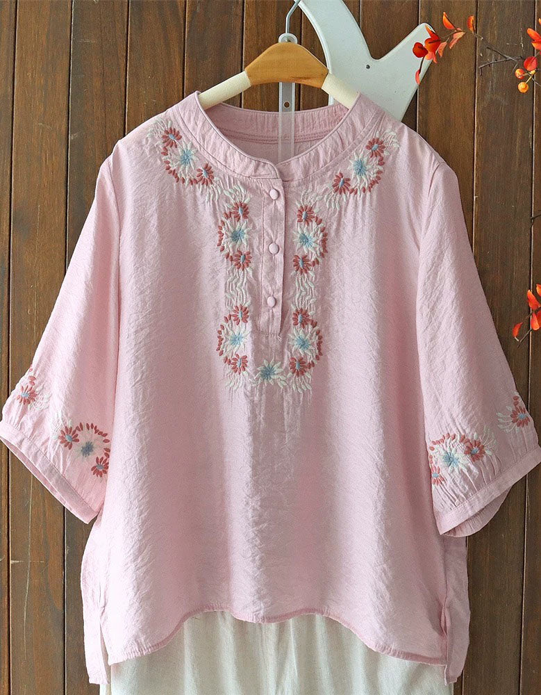 Women's Pink Embroidered Casual Linen Blouse