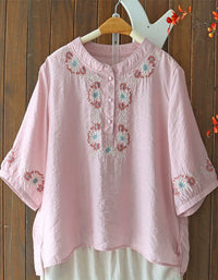 Women's Pink Embroidered Casual Linen Blouse