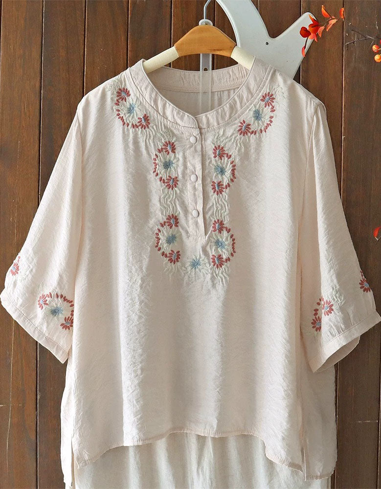 Relaxed Fit Floral Embroidery Linen Blend Top
