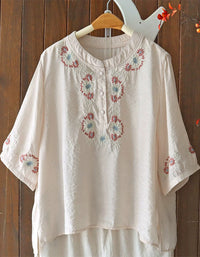 Relaxed Fit Floral Embroidery Linen Blend Top
