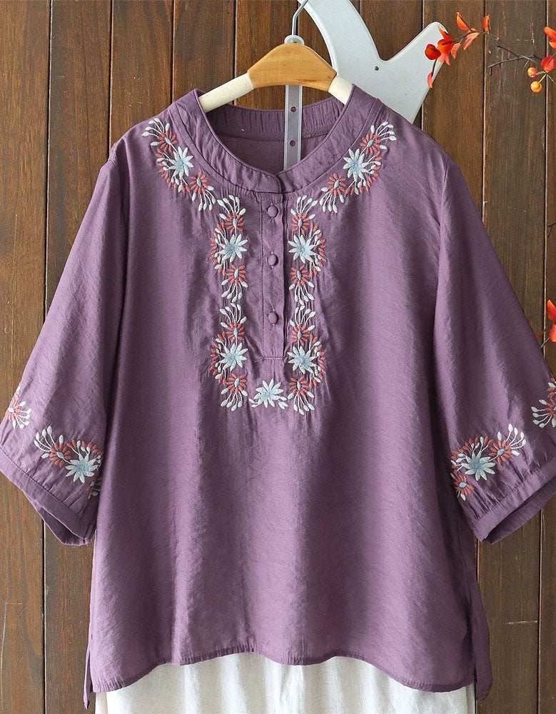 Vintage Floral Embroidery Loose Cotton Linen Top