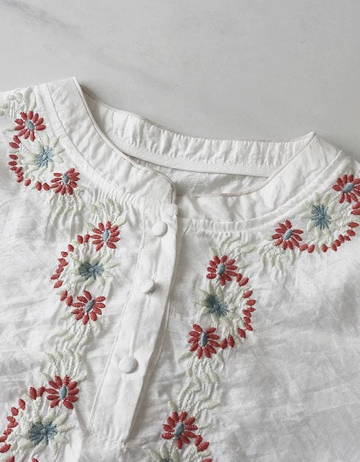 Women's Vintage Embroidered Pink Linen Blouse