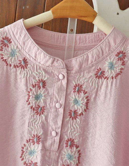 Casual Floral Embroidery Cotton Linen Shirt