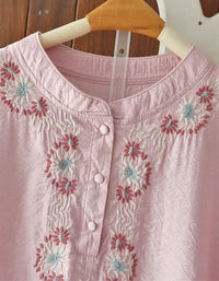 Casual Floral Embroidery Cotton Linen Shirt