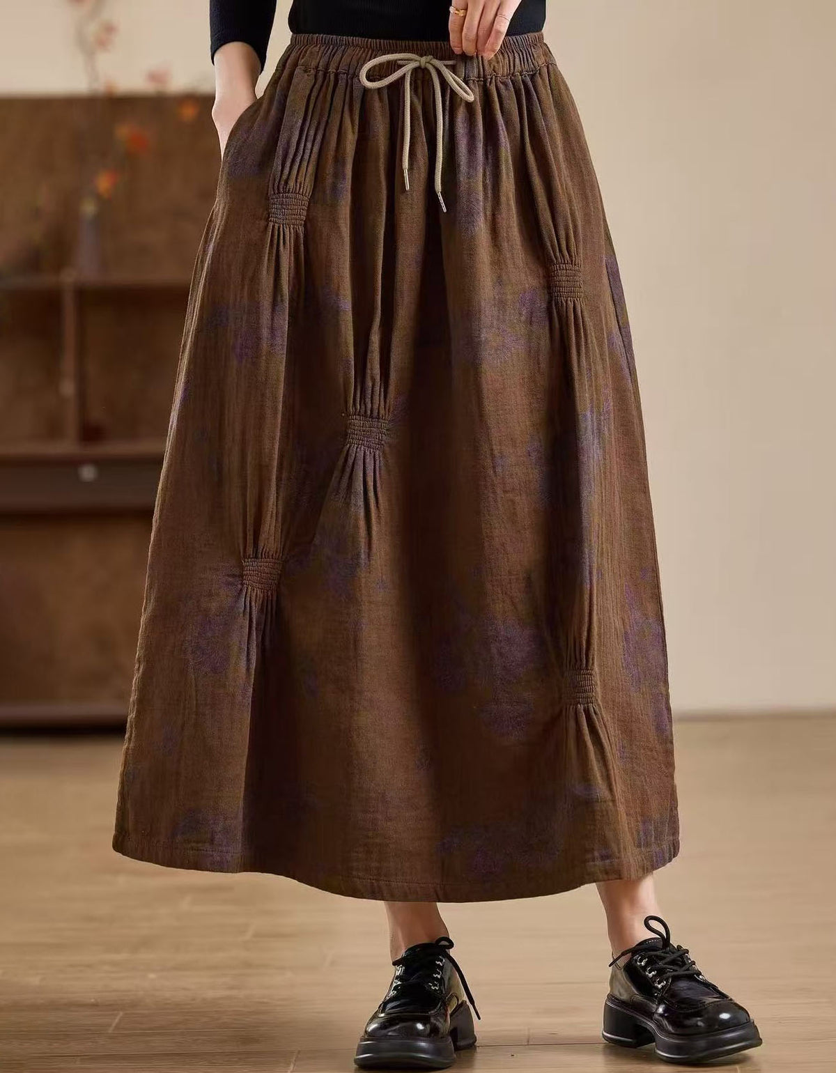 Olive Green Floral Print Vintage Long Casual Skirt