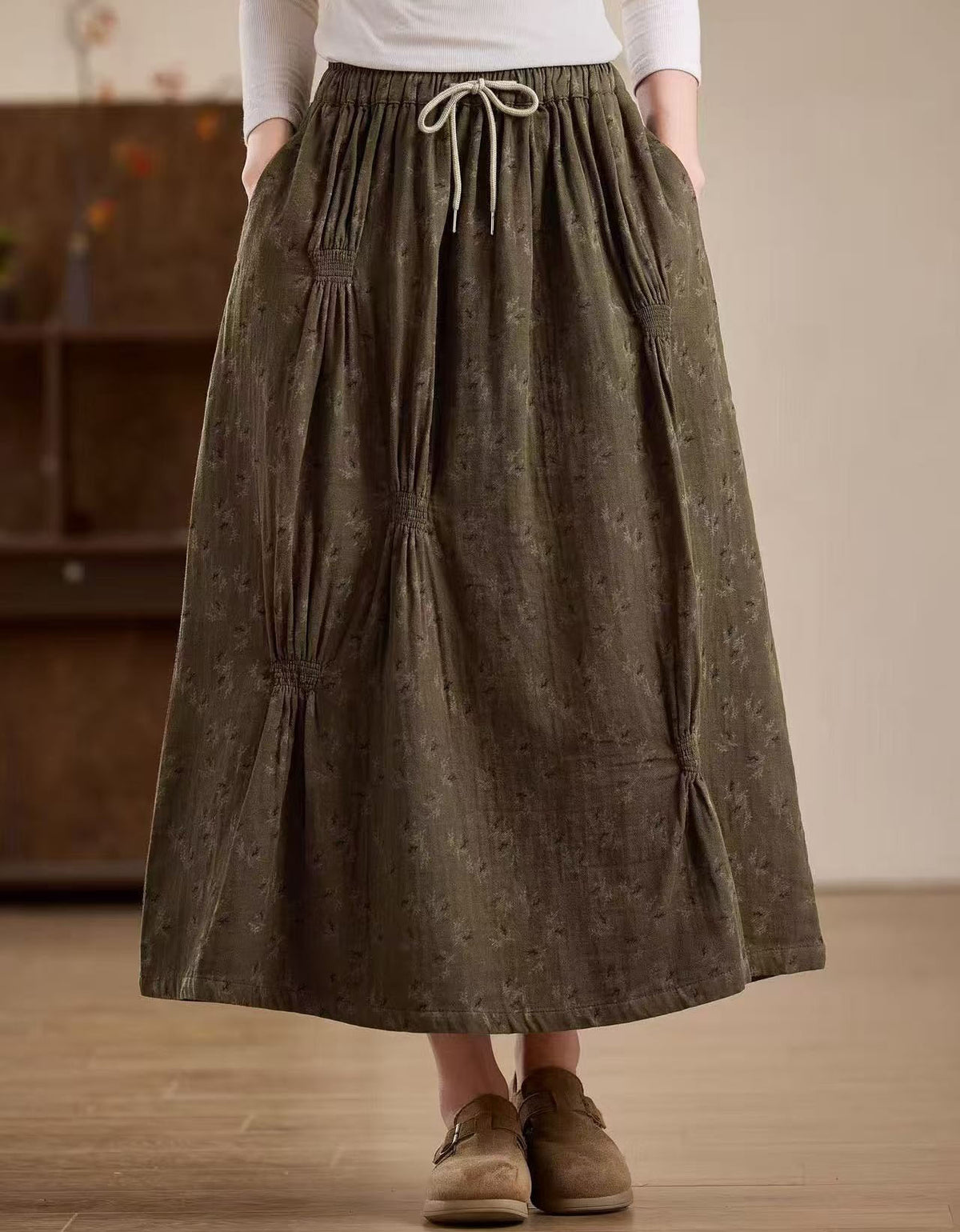 Women Floral Print Olive Green Loose Fit Maxi Skirt