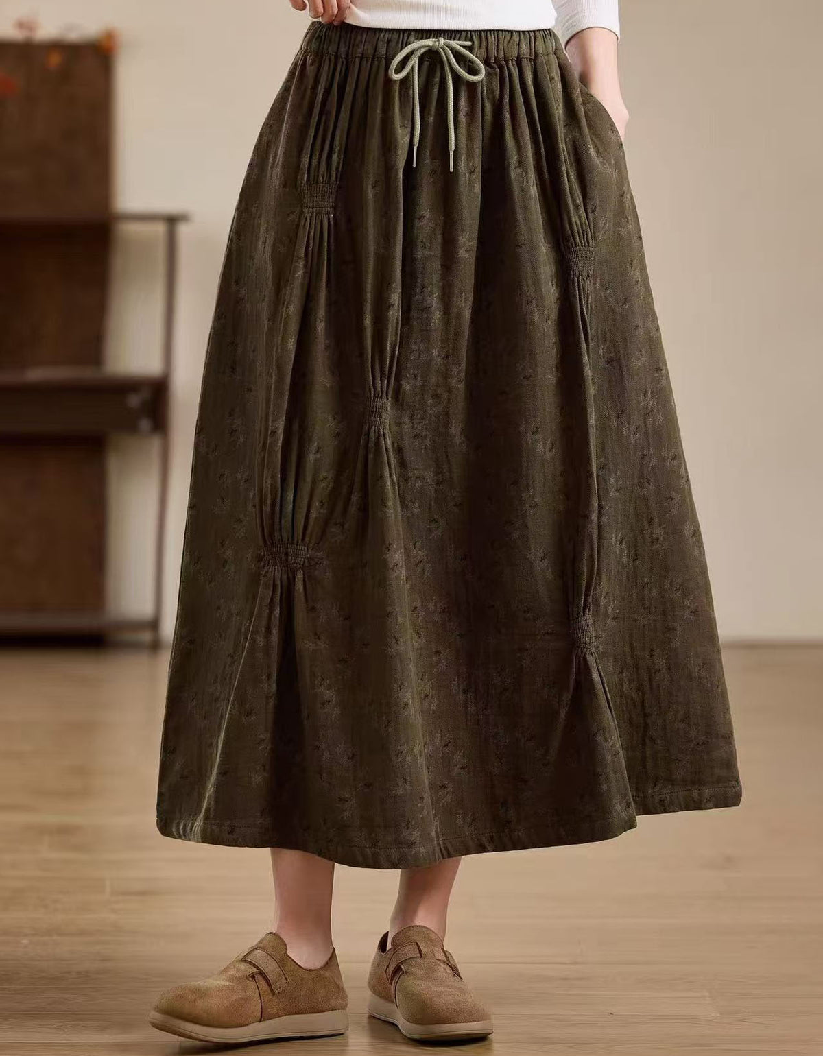 Boho Olive Green Floral Print Drawstring Long Skirt