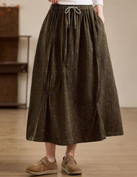 Boho Olive Green Floral Print Drawstring Long Skirt