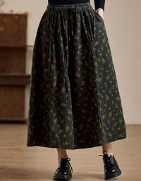 Women Olive Floral Print Gathered A Line Maxi Skirt