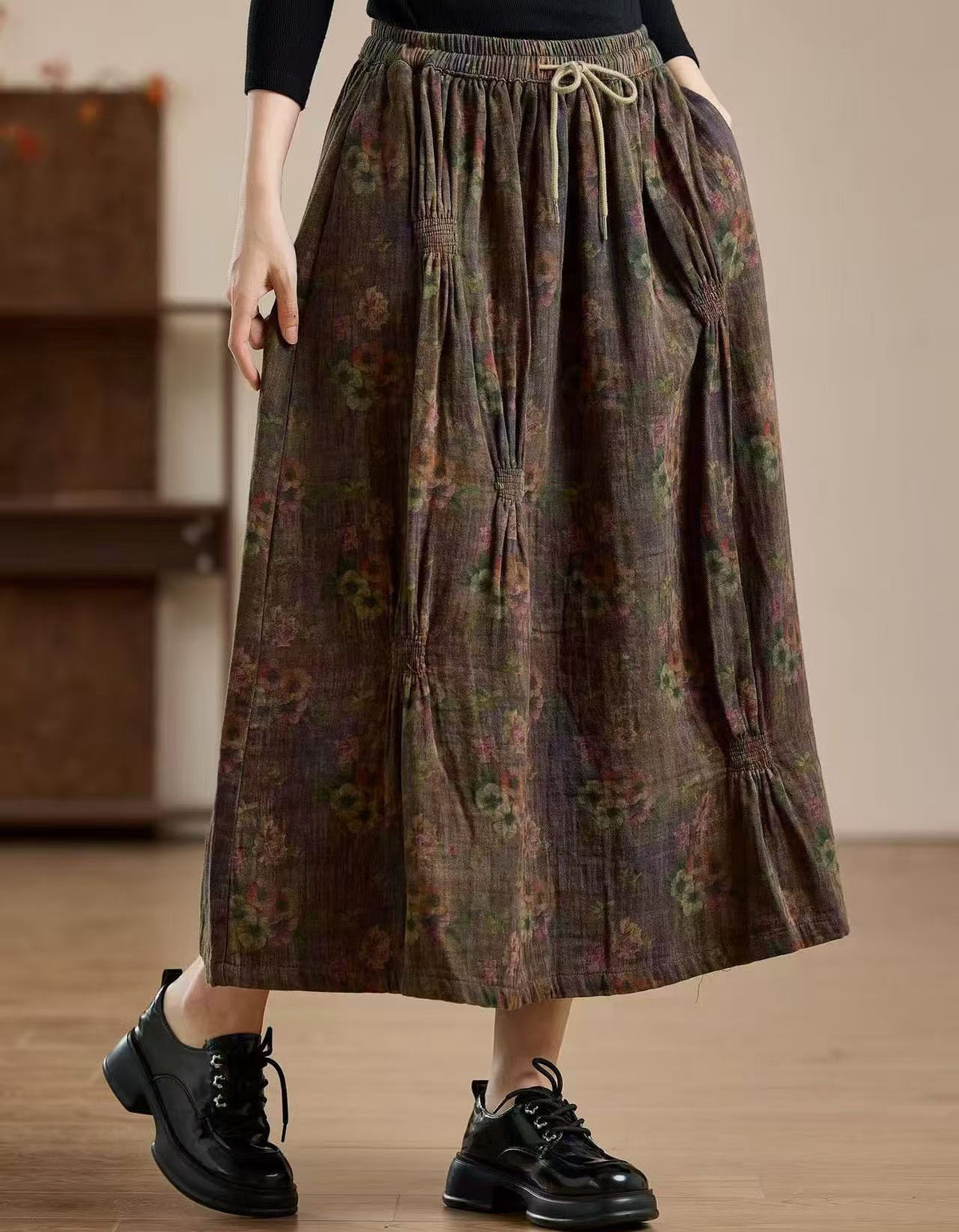 Olive Green Floral Maxi Skirt With Drawstring Waist