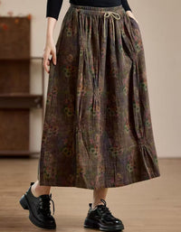 Olive Green Floral Maxi Skirt With Drawstring Waist