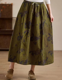 Women Olive Green Floral Print Drawstring Maxi Skirt
