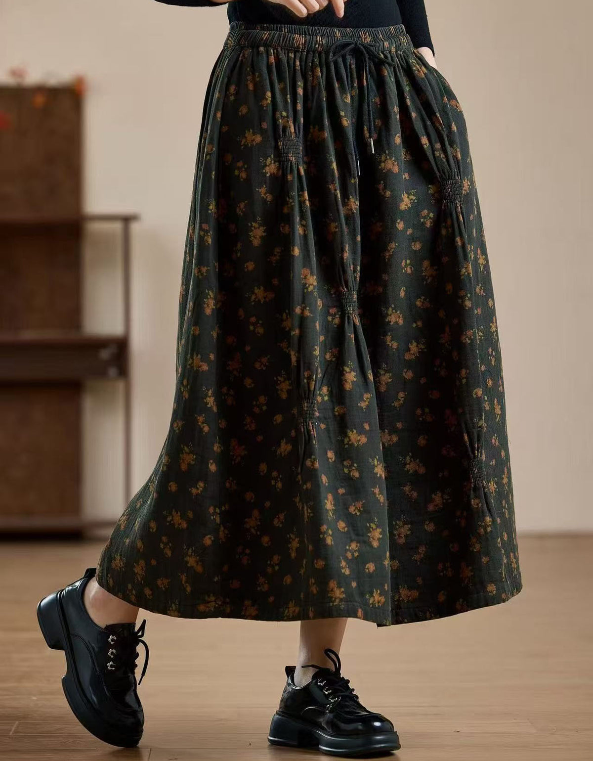 Women Olive Green Floral Print Relaxed Maxi Skirt