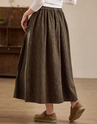 Olive Green Floral Print A Line Drawstring Maxi Skirt
