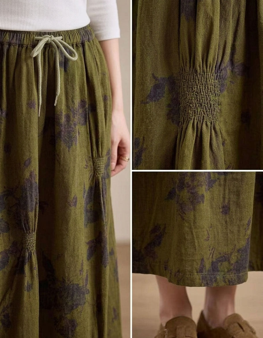 Women Vintage Olive Green Floral Print Long Skirt