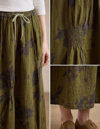 Women Vintage Olive Green Floral Print Long Skirt