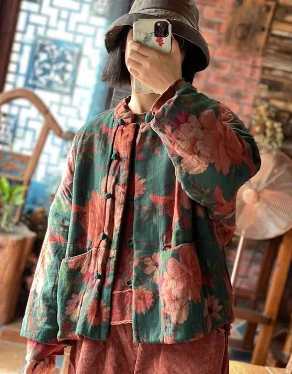 Women Vintage Floral Quilted Jacket Cardigan - Islinen