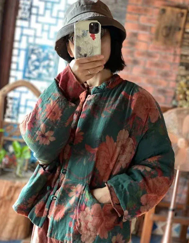 Women Vintage Floral Quilted Jacket Cardigan - Islinen