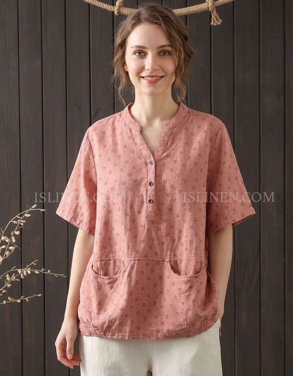 Women’s vintage cotton linen blouse in dusty pink with short sleeves, henley neckline and front pockets, loose casual fit